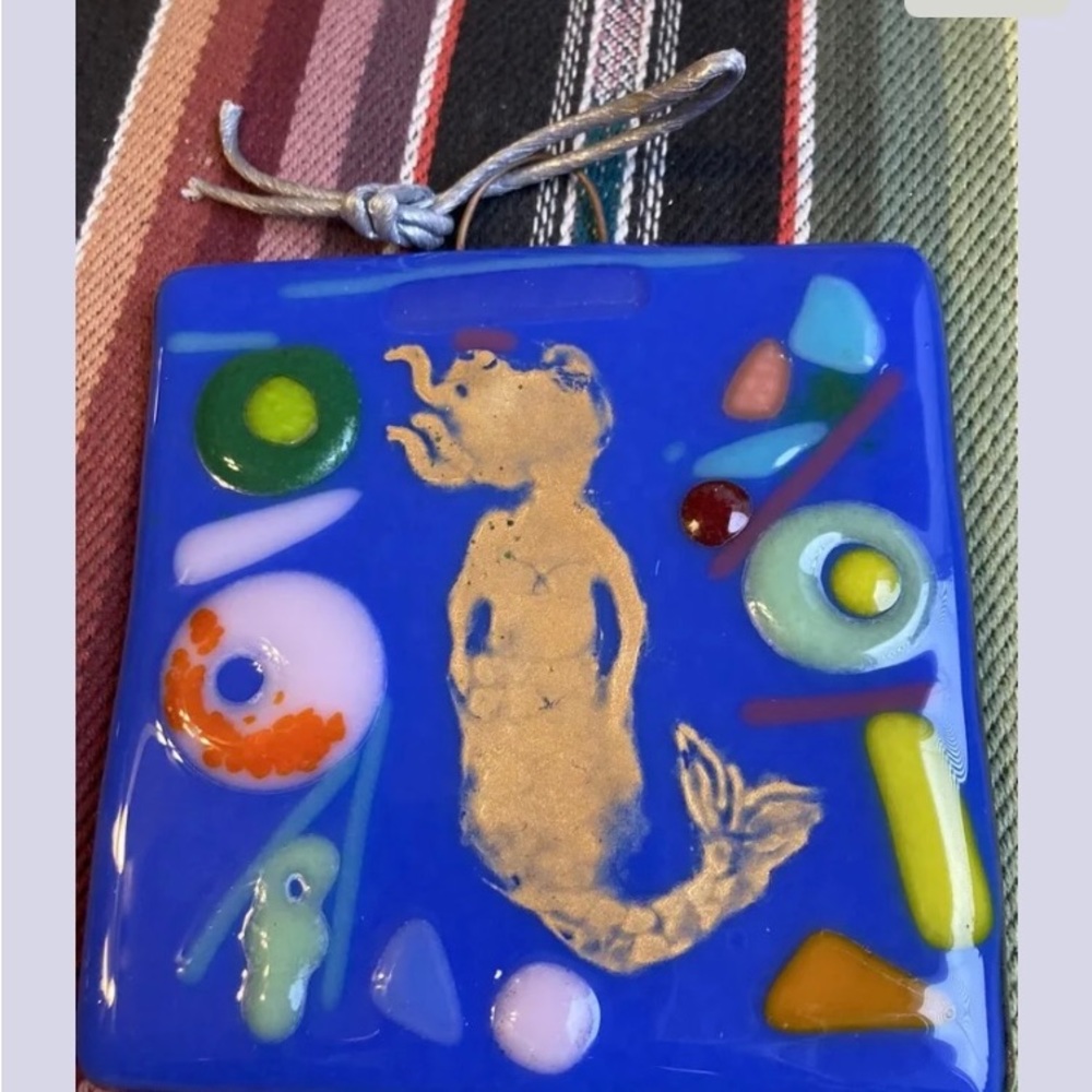 Handmade Original Glass Hanging Plaque 4.5”x4.5” “ Golden Mermaid Blue